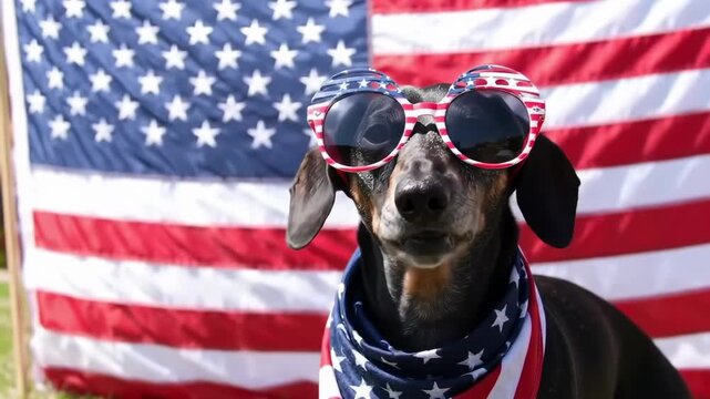 Dachshund wearing sunglasses with American flag