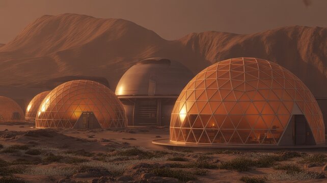 premium Futuristic Mars colony base with geodesic domes on alien landscape background
