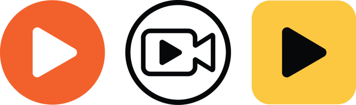 Video play icon set, vector UI icons in orange and yellow colors representing play button streaming media playback and digital video interface design elements.