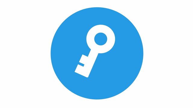 White key icon on a blue circle for digital access and security in a cartoon animation. Minimalist flat design key symbol for authentication sign and solution isolated on the alpha channel.