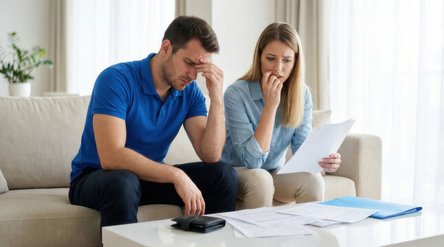 Finance budget couple bill debt stress money paperwork calculator home finance Worried couple. Calculating budget family monthly finance planning, savings, responsibility, management
