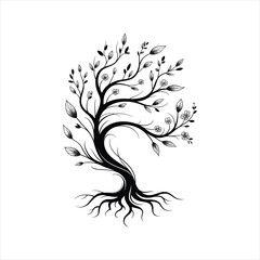 Fototapeta premium Stylized tree of life with roots and branches full of leaves and flowers.