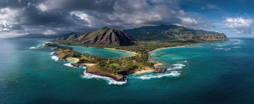 An aerial view showcases a lush, tropical island with turquoise waters and dramatic cloud formations, highlighting the beauty of a remote Pacific paradise.