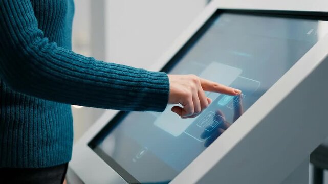 Touchscreen kiosk technology finger interface user closeup digital modern interactive screen, hand touching menu self Interactive e-learning the future of digital education knowledge innovation