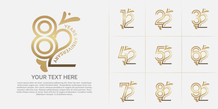 Anniversary logo type set with double line number. golden color with leaf ornament can be use special moment
