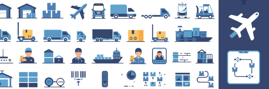 Logistics, icon set featuring delivery shipping cargo warehouse supply chain transportation tracking and freight symbols for business and apps vector illustration.