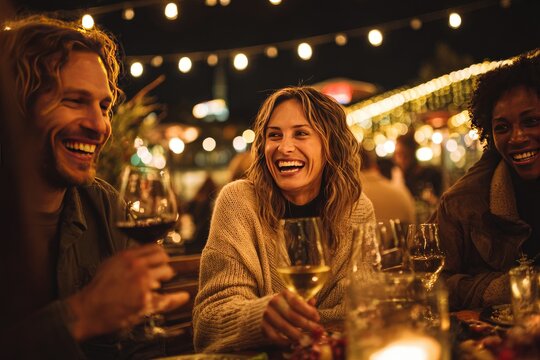 Three friends joyfully share laughter and drinks together at an outdoor gathering illuminated by warm string lights.