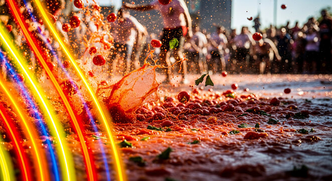 La Tomatina Festival with Cinematic Gradient and Splashing Red Tomatoes, Vibrant Color Streaks on Left Background for Spanish Celebration