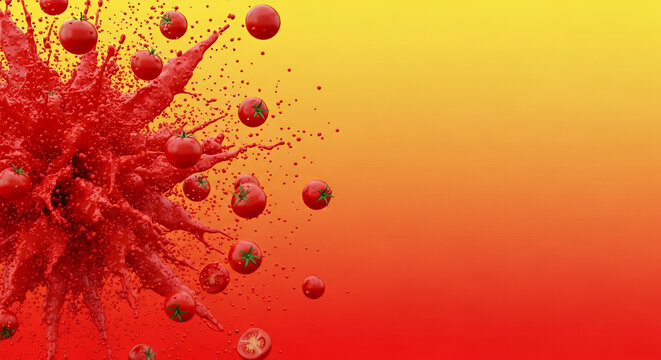 La Tomatina Festival Background with Vibrant Red to Yellow Gradient, Flying Bursting Tomatoes and Dynamic Splash Particles in Mid-Air