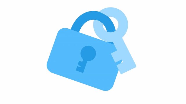 Padlock and key icon for security and data protection in a cartoon animation. Secure padlock symbol for privacy and access control element concept in flat design style.