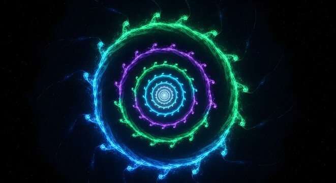 neon spiral light design with colorful glowing lines on dark background