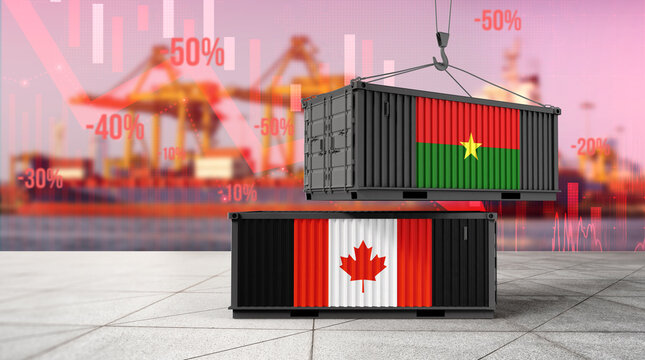 Trade Container: Two shipping containers, one emblazoned with the Canada flag, the other with the flag of Burkina Faso, symbolize international trade and global commerce.