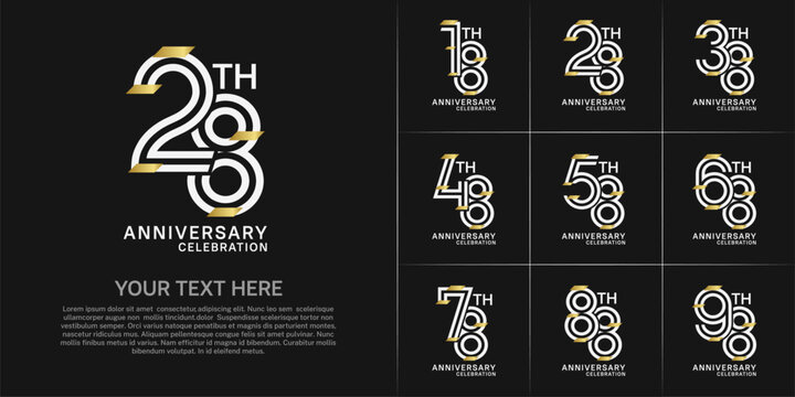 Anniversary set design with double line number. white color with gold confetti for celebration event