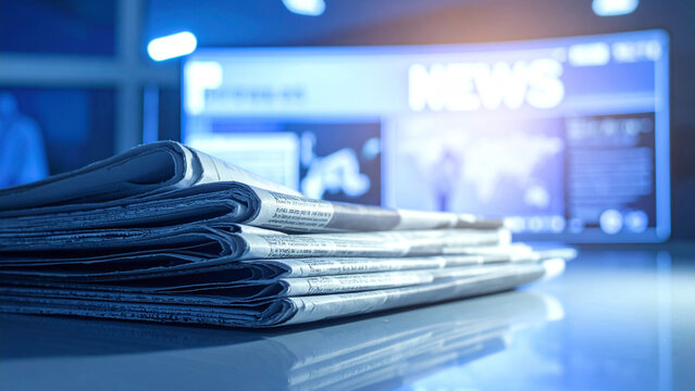 television news studio with a neat stack of newspapers placed on a modern desk in the foreground. The top paper is slightly folded with visible but unreadable headlines. Soft studio lighting highlight