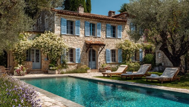 A charming stone house with blue shutters sits nestled amongst lush greenery and a sparkling pool, evoking a sense of idyllic Mediterranean living.
