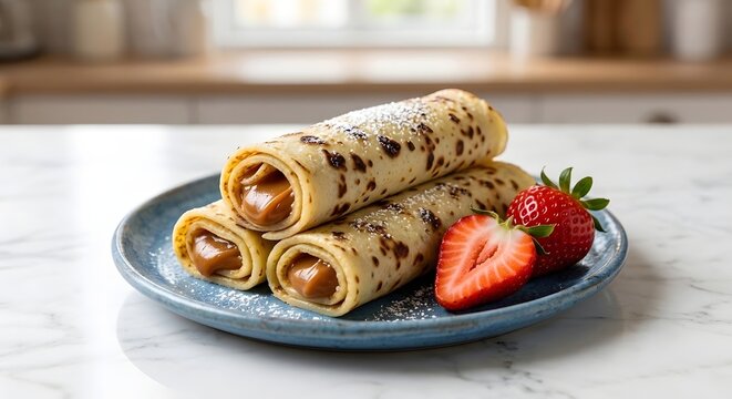 Two Chilean pancakes filled with dulce de leche manjar garnished with fresh strawberries and powdered sugar
