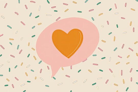 A cheerful illustration features a heart shape nestled within a speech bubble, adorned with scattered confetti against a soft beige background, conveying a sense of joy and affection.