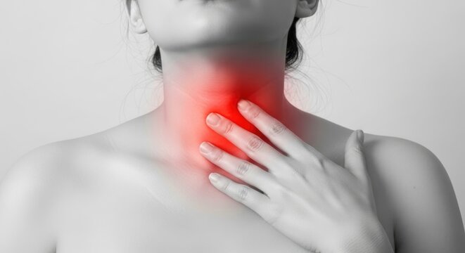 Adult person clutching painful inflamed thyroid gland, experiencing chronic neck discomfort, a common symptom of serious endocrine disease, medical health concept for human anatomy