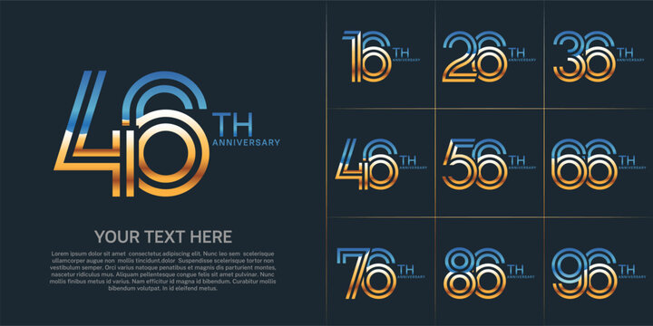 Anniversary set design with double line number. gold and blue color for celebration event