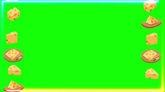 Animated cheese pattern frames moving along edges of a bright green screen background for creative video production projects