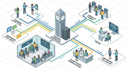 Fototapeta premium Isometric Healthcare Patient Flow Infographic showing Hospital Workflow, Centralized Appointment Scheduling, Triage, Clinic Check-in Kiosks and Digital Medical Consultation Process