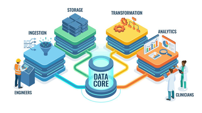 Isometric Data Architecture Infographic: Big Data Processing, Cloud Storage, Analytics, and Digital Transformation Workflow for Corporate Presentations