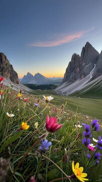"Scenic Alpine Valley with Colorful Wildflowers and Majestic Dolomite Mountain Peaks at Sunset"