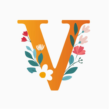 Floral Letter V with Orange Gradient and Flowers