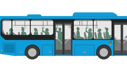 Blue public bus interior with passengers silhouette, city transport concept © zakel