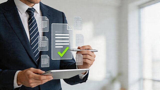 Businessman holding tablet digital documents floating in air with green checkmark icon verifying paperwork approval process office worker reviewing files on touch screen interface