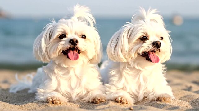 Two adorable white Maltese dogs resting on a sandy beach during sunset.