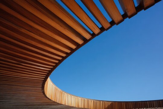 A curved wooden structure contrasts with a clear blue sky, creating a striking architectural composition.