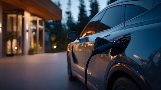modern electric vehicle charging at a sleek home station. Close-up on the charging port and high-tech cable connector