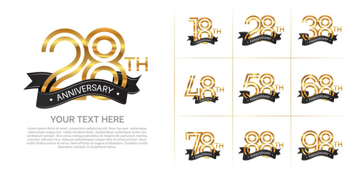 Anniversary logo set with double line number style. golden color with black ribbon can be use for special moment