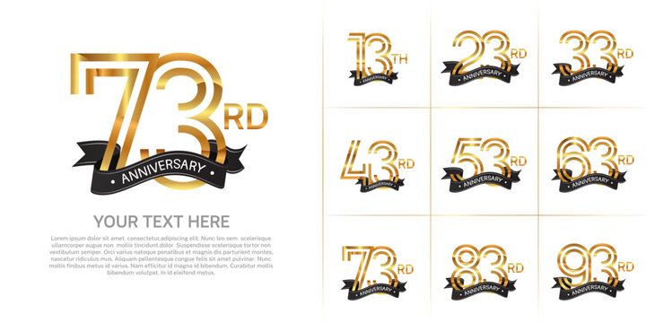 Anniversary logo set with double line number style. golden color with black ribbon can be use for special moment