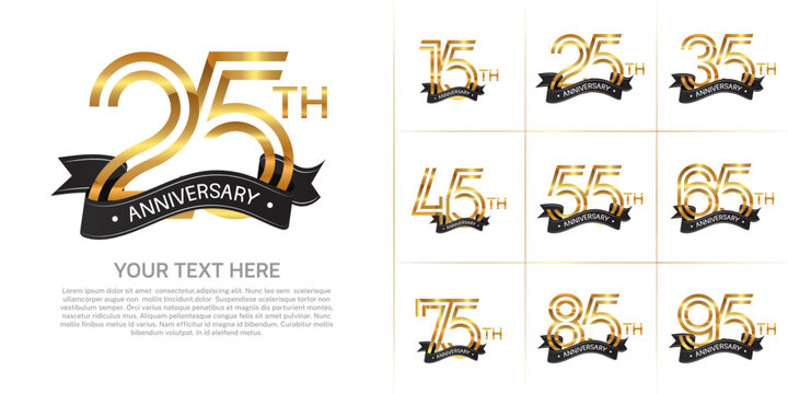 Anniversary logo set with double line number style. golden color with black ribbon can be use for special moment