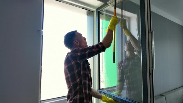 A hard-working man in yellow gloves carefully washes a window in his apartment