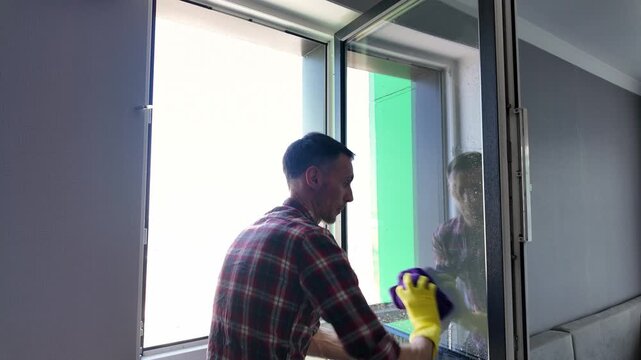 Diligent male worker wearing yellow gloves meticulously washing a large glass window. Professional cleaning service performing household chores