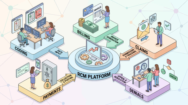 Isometric Revenue Cycle Management RCM Platform Infographic for Healthcare Billing and Medical Claims Processing Workflow