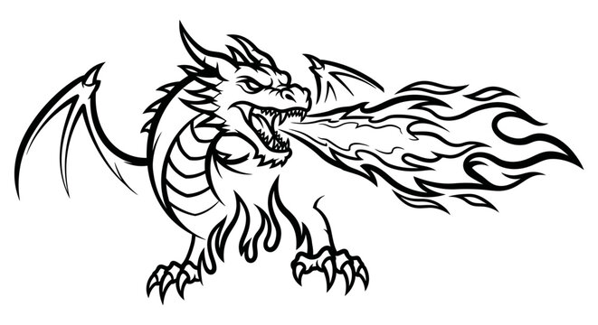 Black and white dragon illustration breathing fire against white background