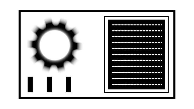 Abstract animation of a spinning gear with fluctuating data bars and scrolling text on white background.