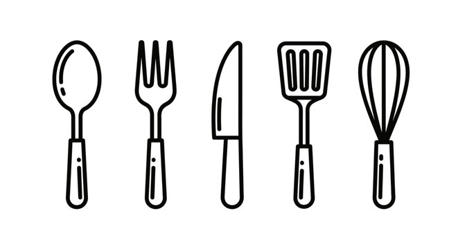 Outline of kitchen utensils on white background spoon fork knife spatula whisk