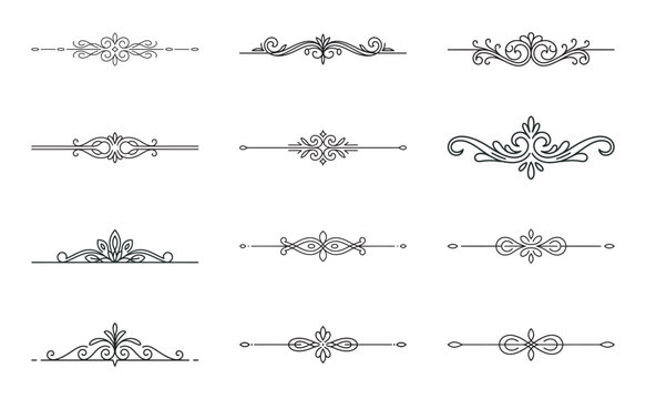 Set of minimalist black ornamental page dividers and fancy text separators.