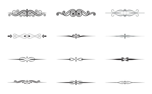 Set of simple black ornamental page dividers and fancy text separators.