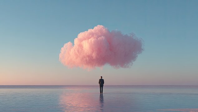 A solitary figure stands on a calm, reflective sea, gazing up at a vibrant pink cloud formation in a surreal and dreamlike landscape.