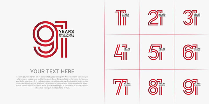 Anniversary logo set with double line number style. red and black color can be use for special moment