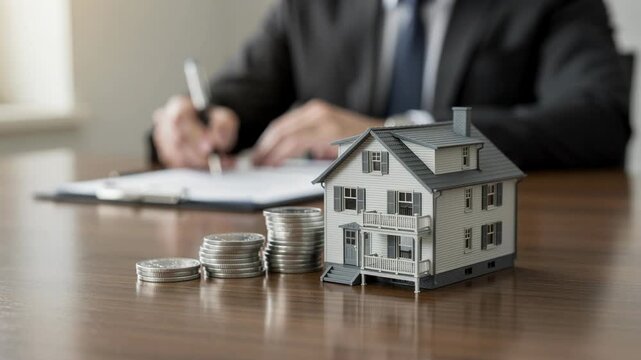 Real estate investment concept with house model and stacked coins on wooden table with businessman signing contract