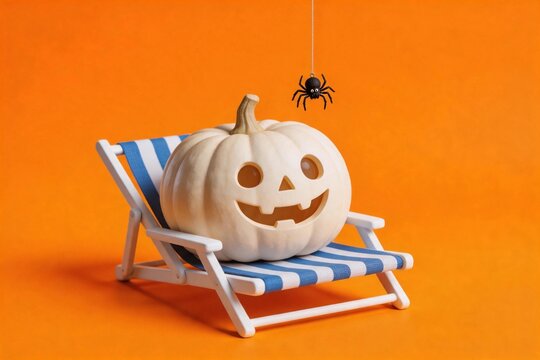 Pumpkin smiles on a striped beach chair