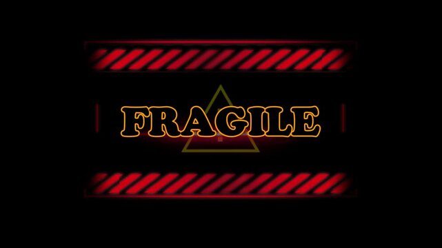 Fragile warning sign glowing with pulsating red hazard borders in this high quality digital motion background stock footage