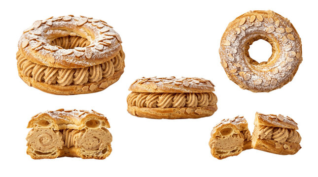 French Paris-Brest Praline Choux Pastry Transparent PNG Isolated White Background Front Top Side Sliced Half Views Set